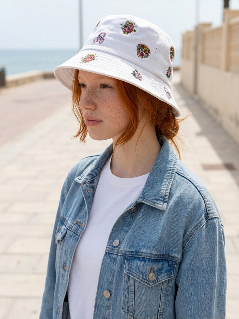 Ed Hardy White Bucket Hat with Colorful Embroidered Motifs